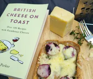 Cheese and Beetroot on a slice of toast with a wedge of Mrs Kirkhams Lancashire and British Cheese On Toast Book By Steve Parker