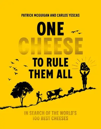 Yellow Book Cover with Black Writing and illustrations of a tree, a famer and a cow on a hill