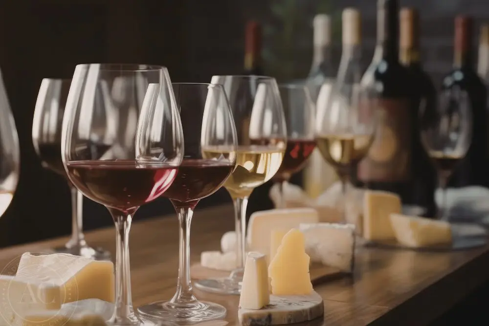 Red and white wine in glasses with a selection small pieces of cheese on wooden boards