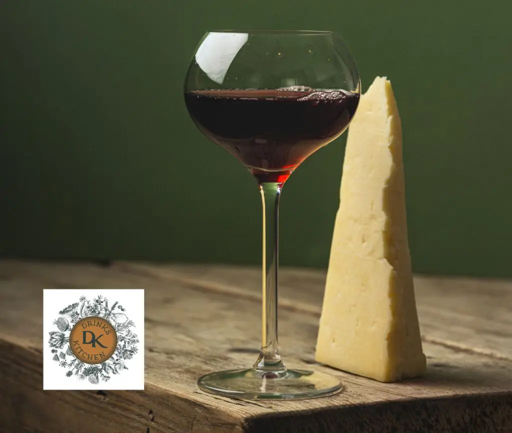 A wedge of British cheese standing on a board with a non-alcoholic aperitiv in a glass next to it