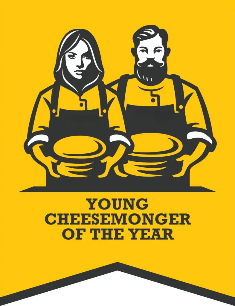 Yellow logo with two cheesemongers holding cheeses