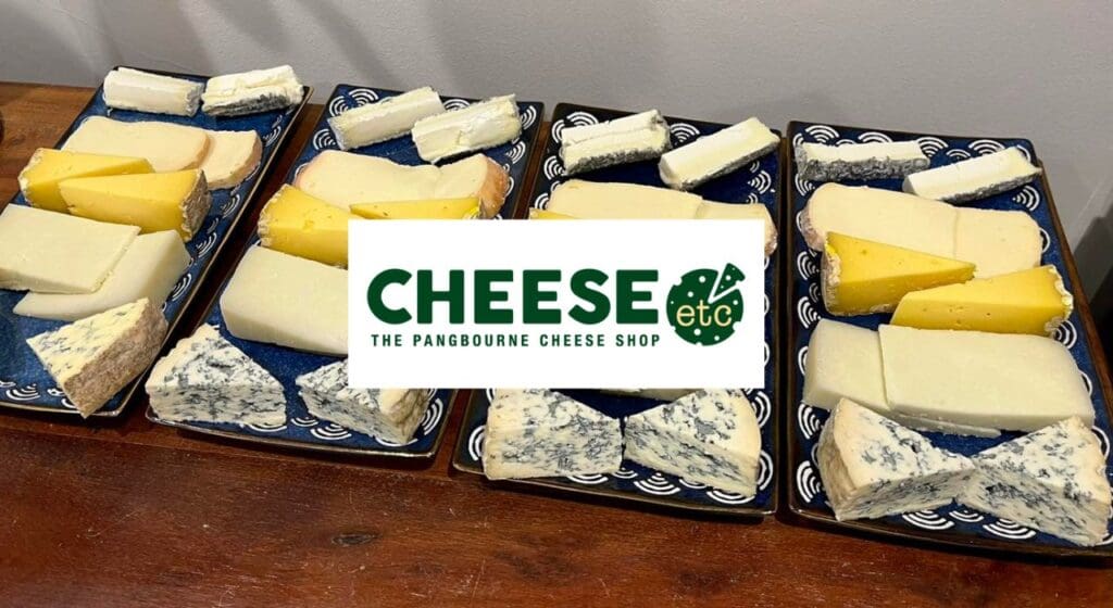 Four Plates of various cheeses with Cheese Etc Logo
